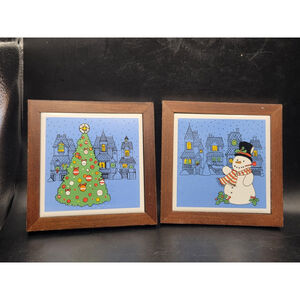 Trivets 2 Jasco Christmas Tree & Snowman Tile Wood Framed 5.25 Inch Square Vtg